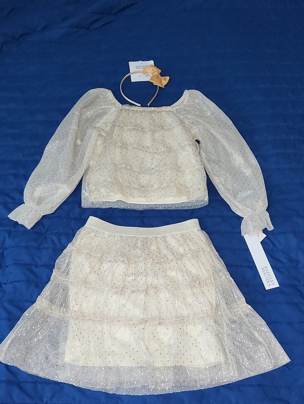 Badgley Mischka Girls 3 Piece Glitter Mesh Skirt Set Headband Size 12 NWT